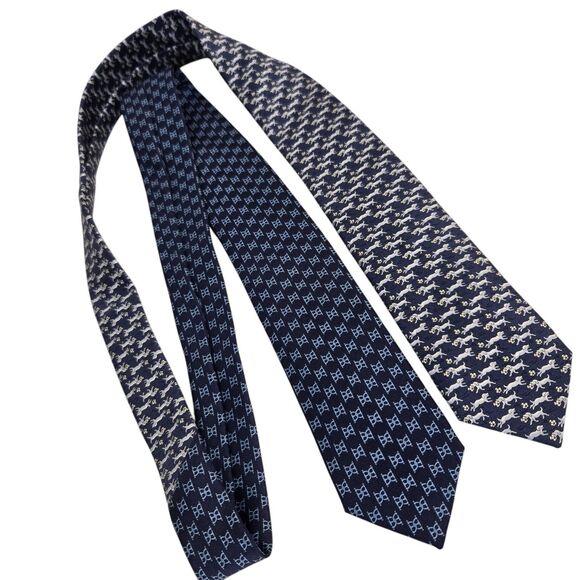 HERMES Paris Double Silk Tie Reversible 2 Patterns Dog/ball Equestrian horse bit - Picture 1 of 11